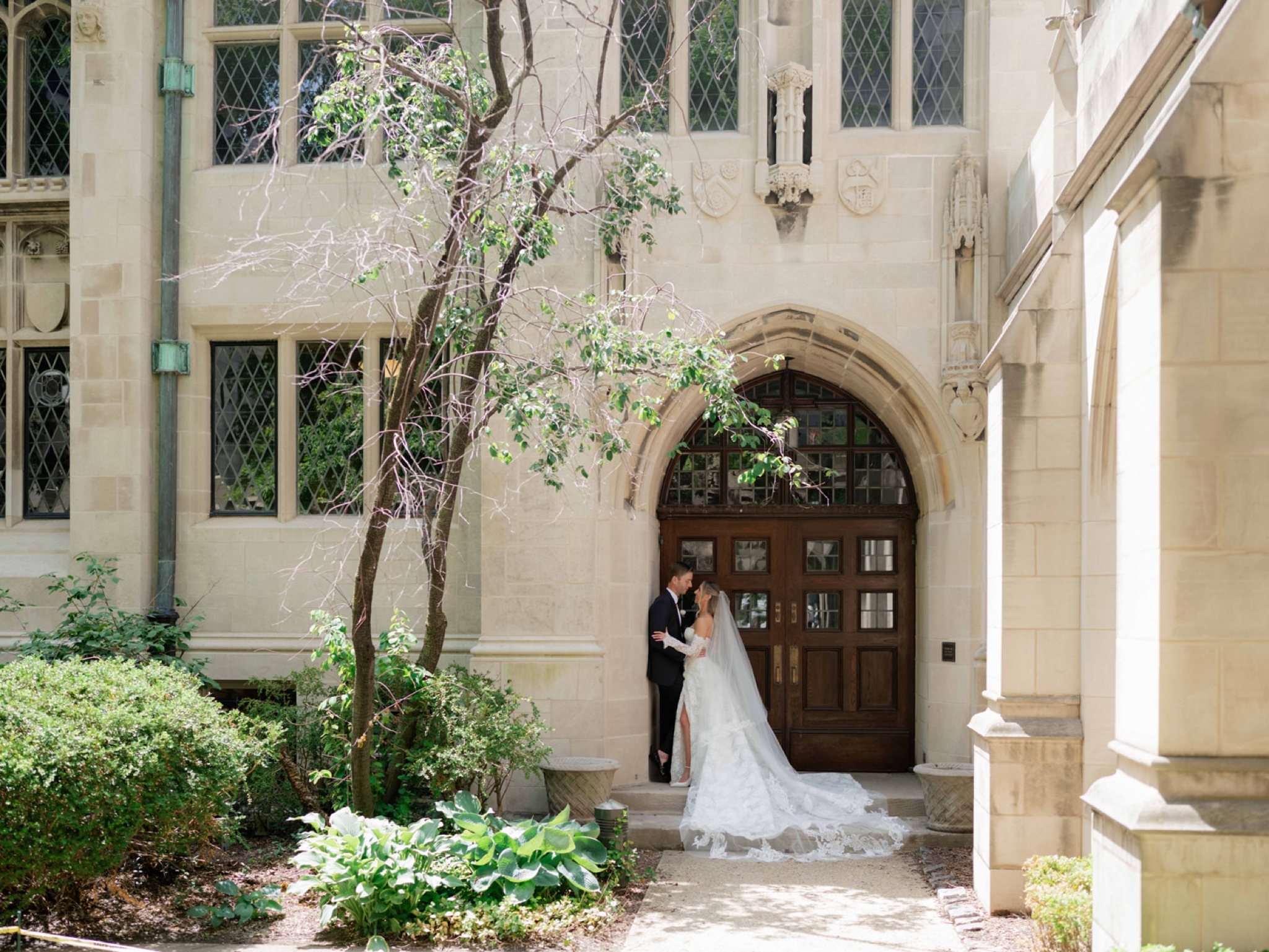 Bride and groom portrait at Fourth Presbyterian Church